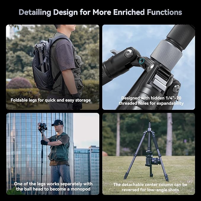 SmallRig AP-20 Carbon Fiber Tripod, 62.2" Camera Tripod Monopod with Center Column, Compact Lightweight Tripods with 360° Ball Head, Payload 26.5 lbs, Quick Release Plate, for DSLR Camera - 4059