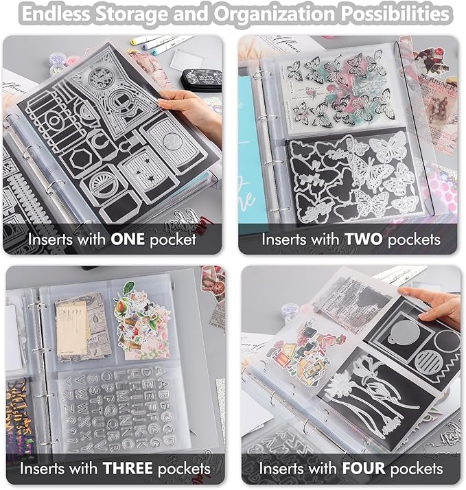 10 Sheet Binder Pockets Inserts with One Pockets A4 Size 4 Hole Binder Folder for Dies and Stamps Storage,Waterproof PVC Clear Bags Protectors for Cutting Dies Stencil Album Stamp Crafts Storage
