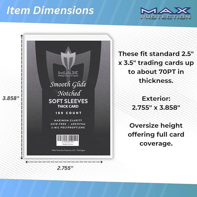 Max Protection Notched Penny Sleeves - 100ct Packs - Easy Glide Notched Card Holders- Premium, Acid-Free & Archival Safe Protection for Trading/Sports/Collectible Cards (1000 Sleeves)