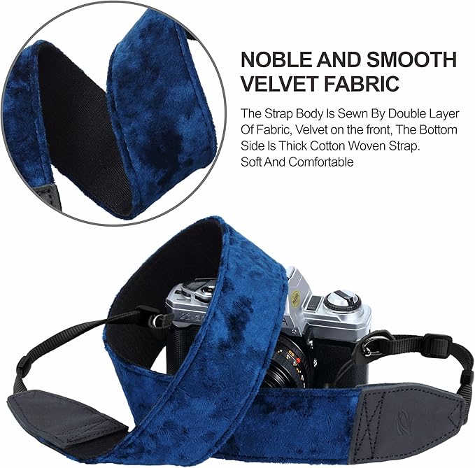 Padwa Lifestyle Dark Navy Blue Velvet Camera Strap - 2" Double Layer Full Grain Cowhide Leather Head Camera Straps for Photographers,Unique Soft Velvet Fabric with Quick Release fits all Cameras
