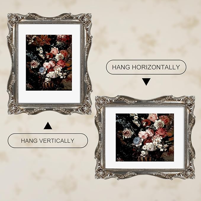 Silver Ornate 11x14 Picture Frame with Mat for 8x10 or 11x14 Photos, Real Glass, Vintage Baroque Victorian Frames for Wall Display