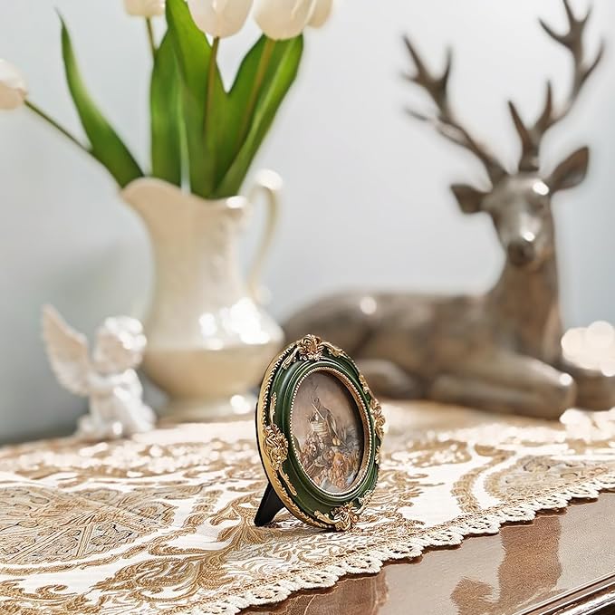 Vintage Picture Frames 3x3 Ornate Green and Gold Antique Pictue Frames with Real Glass Cover for Wall & Tabletop Display Victorian Home Decor Gallery Wall Decor,Round