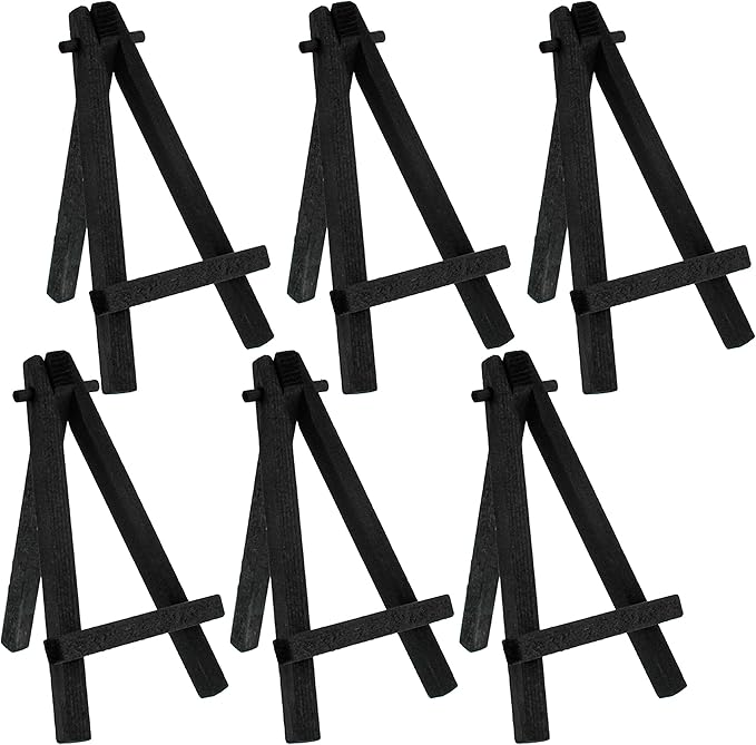 U.S. Art Supply 8" High Small Black Wooden Easel (6 Pack), A-Frame Canvas Stand Tripod, Small Painting Easels - Tabletop Easel for Painting, Canvases, Student Crafts, Event Signs Photos
