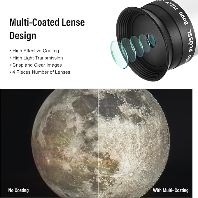 Astromania Telescope Plossl Eyepiece 8mm, 50 Degree Apparent Field of View Plossl Lens with Fully Multi Coated 4-Element, Metal Telescope Accessory for Standard 1.25 Inch Astronomy Filter Thread