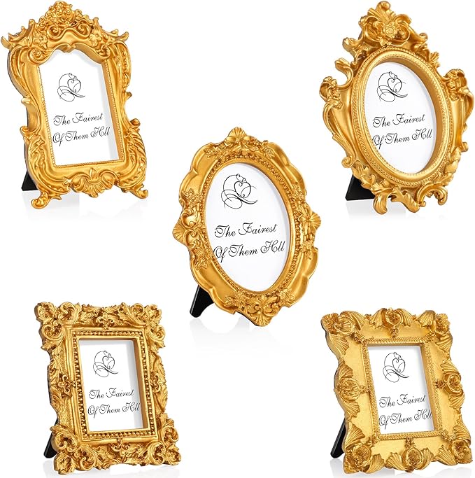 Maitys 5 Pcs Mini Picture Vintage Frames with Stands Tiny Antique Photo Baroque Ornate Resin Oval Frame Table Top Display Home Wedding Decor (Gold)