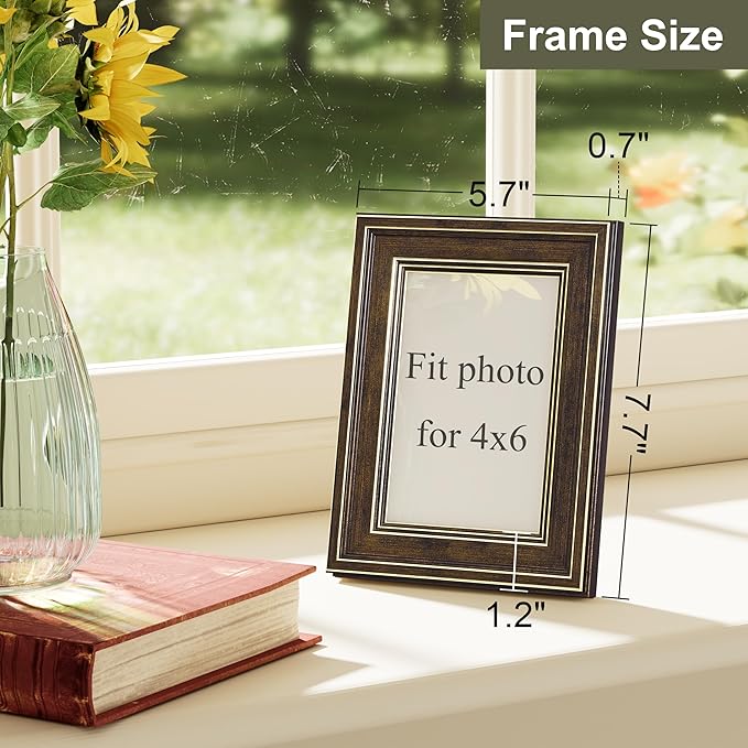 Vittanly 4x6 Picture Frame Set of 4, Vintage Photo Frame for Wall or Tabletop, Display 4x6 Pictures, Rustic Farmhouse Home Decor, Brown
