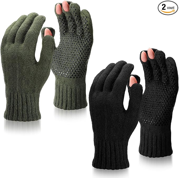 Geyoga 2 Pairs Wool Fingerless Fishing Gloves for Men Women Anti-Slip with Grip Dots Warm Winter Fly Ice Fishing Gloves