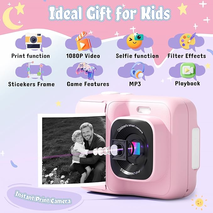 ETIKEZ Kids Camera, 1080P Instant Digital Print Camera for Kids, Christmas Birthday Gifts for 4 5 6 7 8 9 10 Year Old Girls Boys, Portable Toy with 32GB SD Card & 3 Rolls Printing Paper, Pink