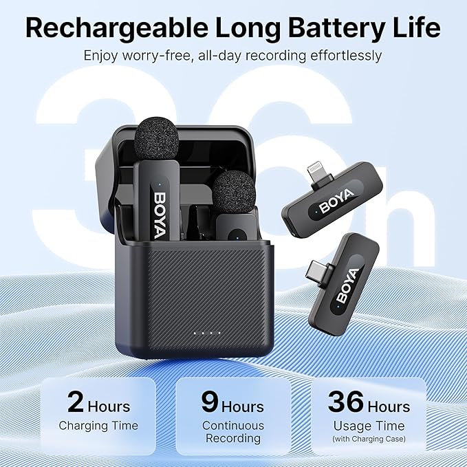 BOYA by-V3 Combo Wireless Microphone for iPhone Android Smartphone,100M Los Range,36H Duration,Noise Cancellation,Plug&Play Lavalier Lapel Mics for Vlogging Interview 2-in-1 Charging Case(2TX+2RX)