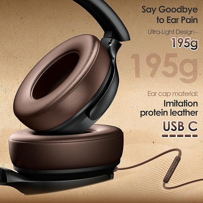 USB C Headphones Wired Headphones Over Ear with HD Mic, Foldable Active Noise-Canceling Headphone for iPad/Sports/School/Travel/iPhone 17/16/15, Samsung S25/S24, Google Pixel 9,Ideal Gifts-Brown