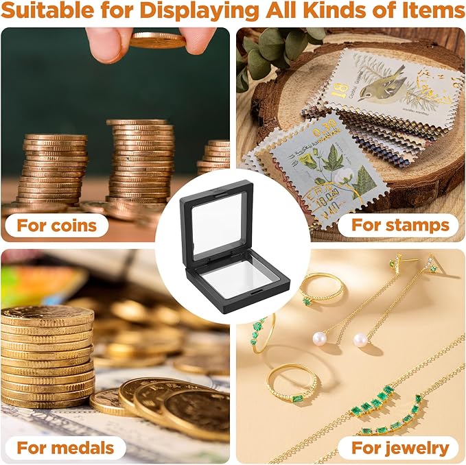 60 Pcs 3D Floating Display Case 2.8 x 2.8 x 0.8 Inch Coin Frame Display Holder Stands for Antique Challenge Coins, Jewelry, Shells, Gems, Minerals, Rocks, Specimen, Pins(Black,White)