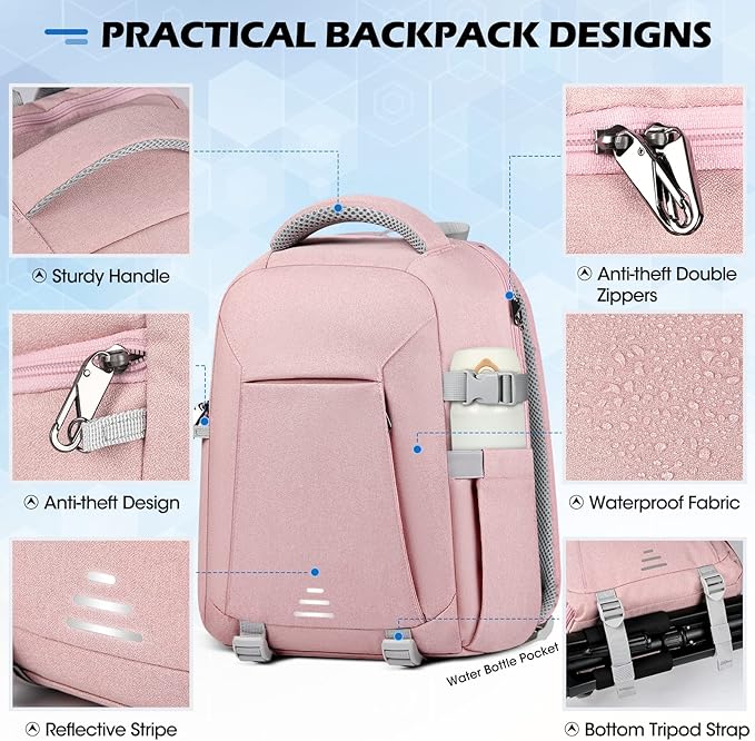 RAINSMORE Camera Bag Professional DSLR SLR Mirrorless Photography Camera Backpack 14 Inch Waterproof Camera Case With Tripod Holder&Laptop Compartment for Canon Nikon Sony for Photographers Pink