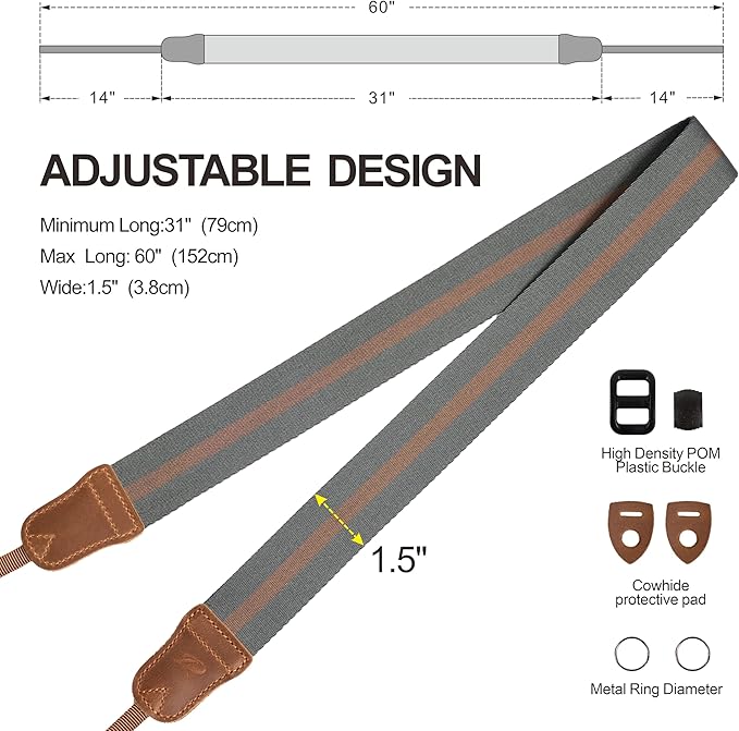 Padwa Lifestyle Green Brown Stripes Camera Strap - Double Layer Crazy Horse Cowhide End,1.5" Wide Pure Cotton Camera Straps,Adjustable Neck Shoulder Strap for All DSLR Cameras,Gift for Photographers