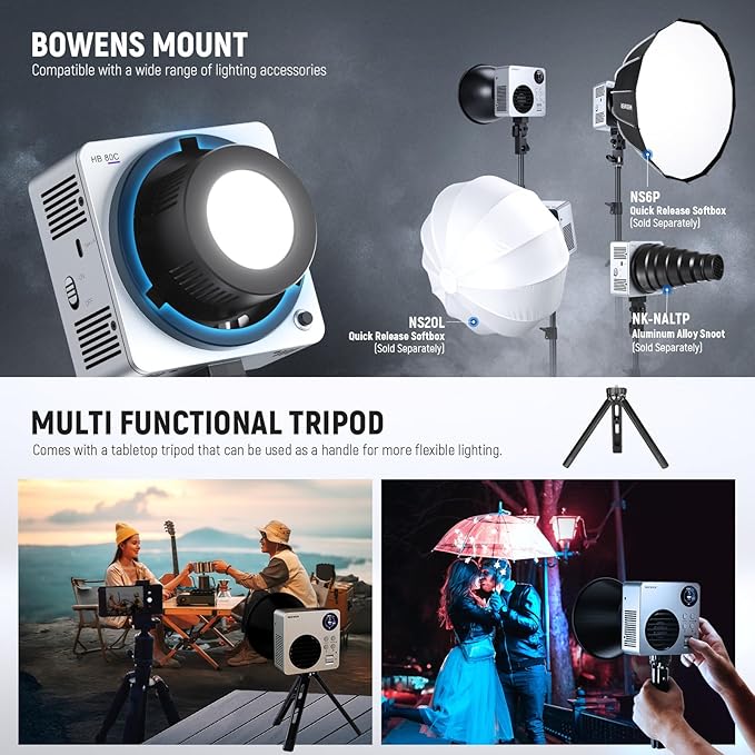 NEEWER HB80C 80W RGBWW LED Video Light with 72Wh Battery & 100W PD Fast Charging, 10400lux/m Brightness, 2500K-7500K CCT, 18 Lighting Effects, Bowens Spotlight for Studio Photography & Video Recording