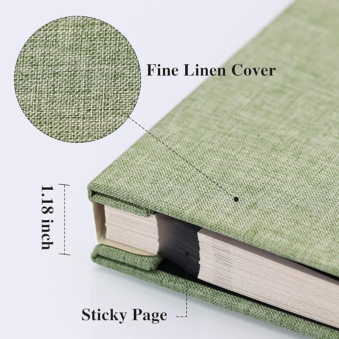 Vienrose Large Photo Album Self Adhesive for 4x6 8x10 Pictures Linen Scrapbook Album DIY 60 Blank Pages with A Metallic Pen Grassgreen