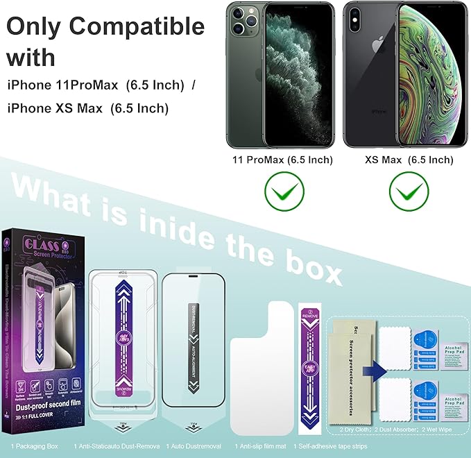 SHANG PIN JIA 2 Pack Screen Protector Tempered Glass for iPhone 11 Pro Max and iPhone Xs Max 6.5-Inch Auto Dust Removal, No Bubbles, High Definition Clear, Easy Installation