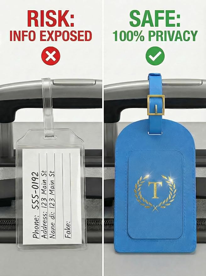 Luggage Tags for Suitcases 6 Pack PU Leather Travel Bag Tags with Privacy Cover & Stainless Steel Buckle, Vegan Leather Name ID Labels for Travel Bags, Cruise, Airline, Backpack, Baggage Identifier(T)