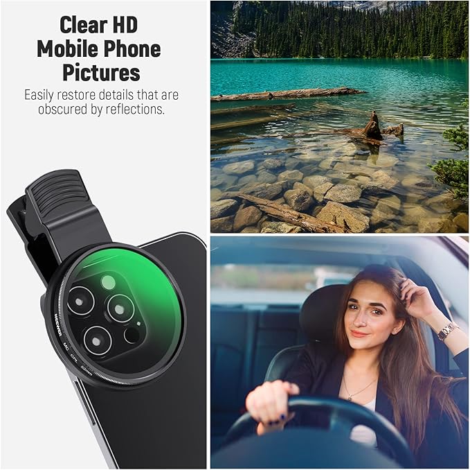 NEEWER 52mm CPL Filter for Phone, Clip On Circular Polarizing Lens Filter with Phone Clip, Case & Cleaning Cloth Compatible with iPhone 17 16 Android Samsung Galaxy S25 Ultra Camera, FL-26