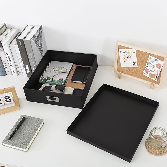 Soul & Lane Photo Storage Box with Lid, 14.8 × 13.0 × 3.7 Inches, Keepsake Memory Organizer, Cardboard Storage for Photo Albums, Scrapbooks, Artwork, Stationary, Memorabilia, Craft Supply, Black
