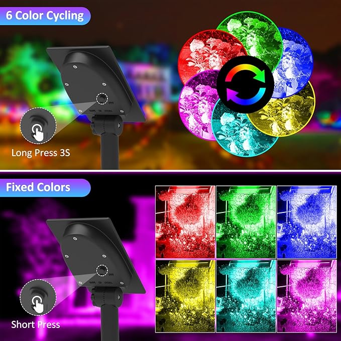 T-SUNUS Color Changing Solar Landscape Spotlights 4 Pack, IP65 Waterproof RGB Spot Lights 9.8ft Cable, Separated Panel Garden Light for Flag Outdoor Yard Driveway Porch Walkway Pool Patio
