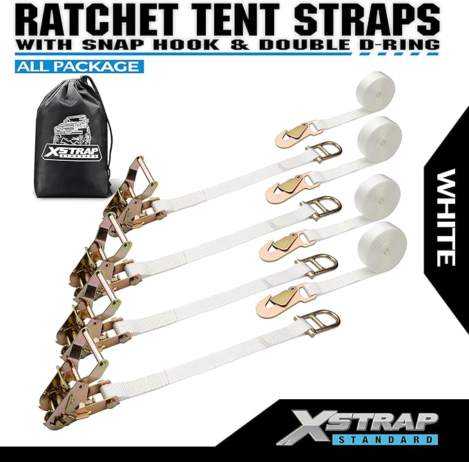 XSTRAP STANDARD 4PK 1" Ratchet Tent Straps with Snap Hook & Double D-Ring - 12ft Heavy Duty Tie Downs for Canopies, Tents, Inflatables, Camping, Event