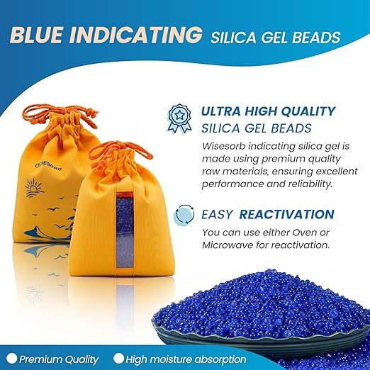 5 Sets 1000g Rechargeable Silica Gel Beads with 1 Cloth Bag, Indicating Blue Desiccants Beads [3-5mm] Moisture Absorber Desiccant Packs for Storage