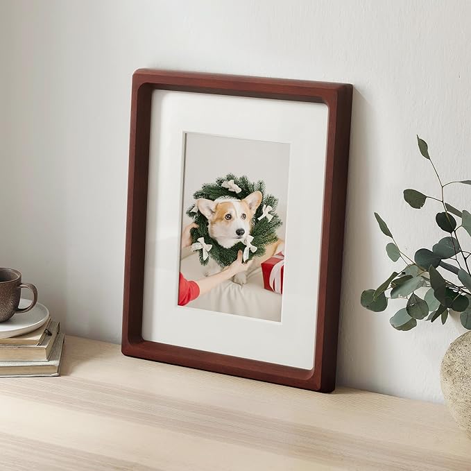 11x14 Picture Frame, USA-Sourced Natural Mahogany Wood Photo Frame with Tempered Glass, Handcrafted Rounded Corner 11 x 14 Wooden Frame Matted to 8x10 Photos, Hanging Hooks Included