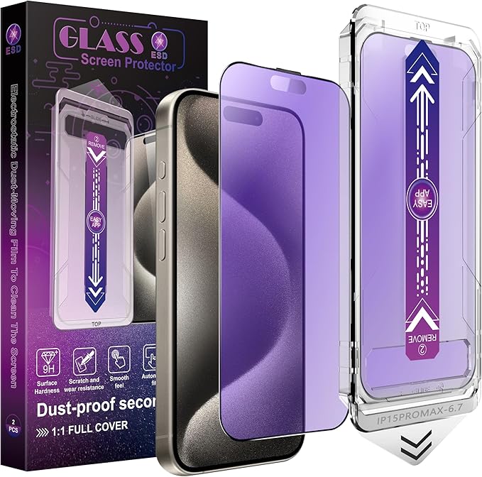 CHISHA 2-Pack Anti Blue Light Matte Screen Protector for iPhone 15 Pro Max 6.7-Inch, Auto Dust Removal, No Bubbles, High Definition Clear, Easy Installation