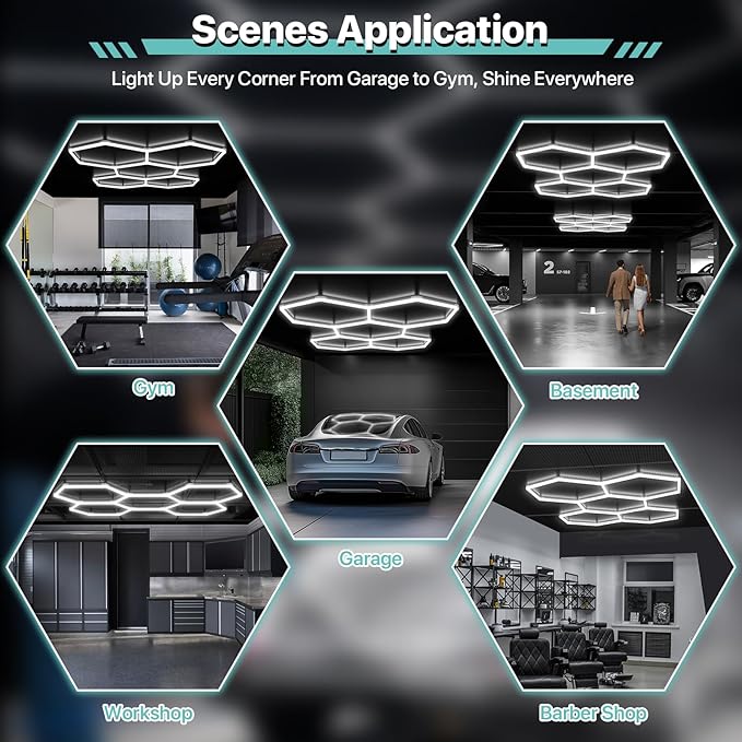 Garage Hexagon Lights, 42W 6500K Higher Brightness Hex Garage Lights, Plug and Play, Lightweight DIY Assembly Hexagonal Light for Car Detailing Auto Beauty Shop Decor