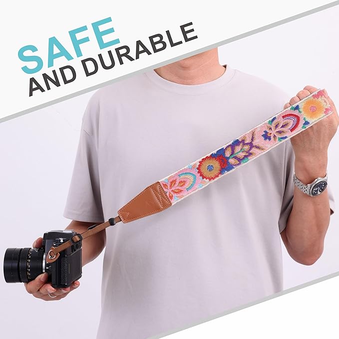 Padwa Lifestyle Colorful Knit Camera Strap - 2" Full Grain Leather Ends Camera Straps for Photographers, Vintage Embroidered Cotton Soft Suede Fabric Padded Strap Quick Release fits All Cameras