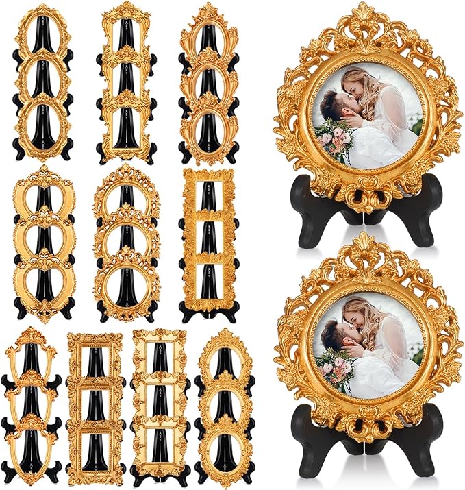 Tatuo 30 Sets Mini Picture Frames and Display Stands Vintage Resin Picture Frame Resin Holder for Home Office Bedroom Living Room Wedding Decor (Gold)