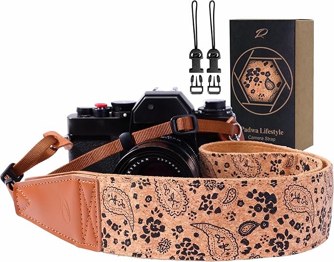 Padwa Lifestyle Cork Camera Strap - 2" Top Layer Cowhide Head Camera Straps for Photographers,Natural Log Crackle Art Print Style,Soft Chamois Velvet Padded Strap Quick Release fits All Cameras