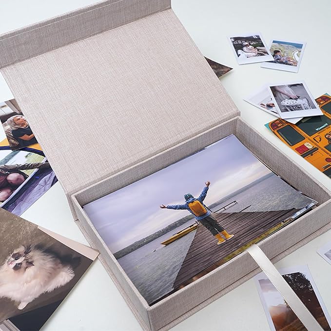 Cherrich 5x7 Photo Storage Box, Premium Linen Memory Box for Photos, Pictures, Certificates, Scrapbooking Supplies & Jewelry - Portable, Stackable Organizer for Home, Crafters & Collectors