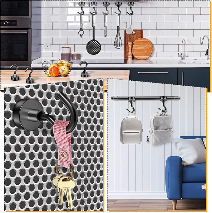 FINDMAG 12 Pack Black Magnetic Hooks 30LBS Neodymium Magnet Hooks, Magnet with Hooks Strong Magnetic Hooks for Hanging, Refrigerator, Grill, Kitchen, Key Holder