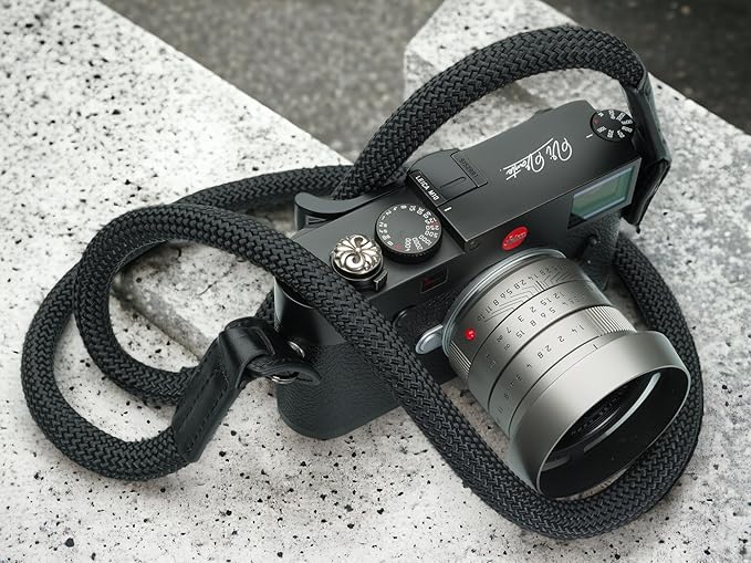 Vi Vante Sheetline Black Rope Camera Strap w/Nappa Leather Ends built in tension relief & electroplated key rings (Black w/White Stitching)