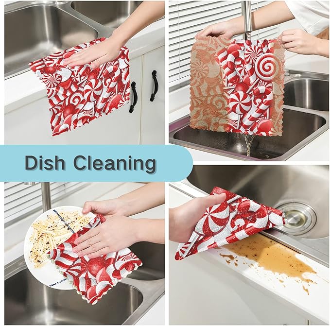 VIGTRO 6 Pack Super Absorbent Kitchen Towels, Christmas Candy Canes Premium Dish Cloths Towels, Sugar Red Sweets Gift Washable Fast Drying Dish Rags Reusable Cleaning Cloth 11x11