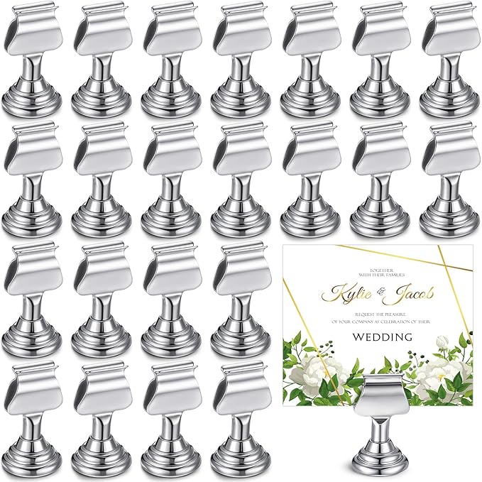 Kathfly 24 Pcs Metal Table Number Holders 1.7 Inch Silver Mini Place Card Holders Bulk Harp-clip Table Sign Stands Card Holder Display Picture Memo Notes Menu for Weddings Restaurants Birthday Decor