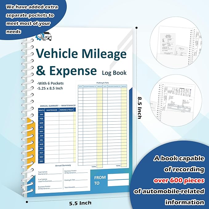 1 Pcs Auto Vehicle Mileage and Expense Journal with 6 Pockets 600+ Entries 5-1/4" x 8-1/2" Vehicle Mileage Log Miles Log Book Expense Odometer Track Record Notebook for Business Driving 60 Pages (1)