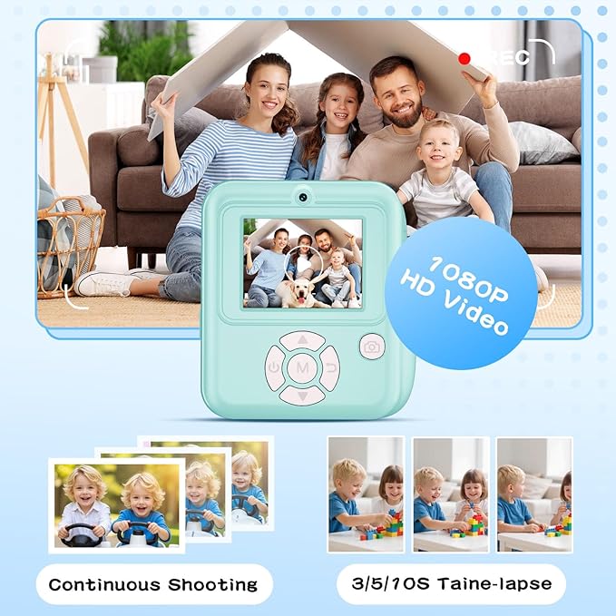 Kids Camera Instant Print Color Photos, Dual-Lens Instant Print Camera for Kids, Toddler Portable Travel Digital Camera Toy for 6 7 8 Year Old Boys Girls Christmas Birthday Gifts 64GB Card