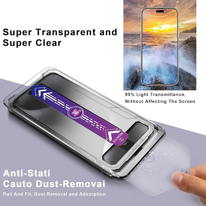 CHRYSHA 2 Pack Screen Protector for iPhone 15 Pro, 9H Tempered Glass, Full Coverage, Anti-Fingerprint, Auto Dust-Elimination, No Bubble, Easy Installation