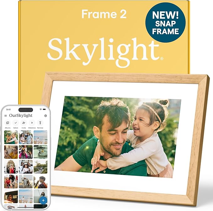 Skylight Digital Picture Frame 2 – 10" Full HD Wi-Fi Touch Screen, 16GB Digital Photo Frame, Load Photos & Videos Directly from Phone, Anti-Glare – Personalized Gifting, Rubber Wood Birch Brown