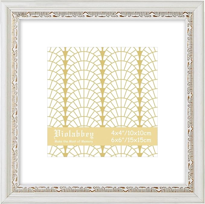 VIOLABBEY 6x6 White Gold Picture Frame, Display 4x4 Photo with Mat or 6x6 without Mat, Ornate Vintage 6 x 6 White Gold Frame for Wall Decor or Tabletop Display