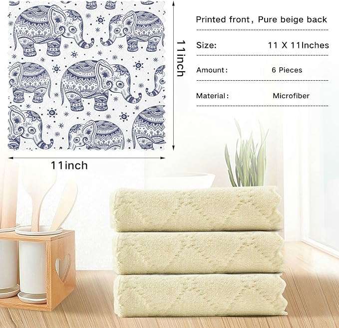CaTaKu Paisley Ethnic Elephant Kitchen Dish Cloths, 6 Pack Reusable Dish Rags for Washing Dishes, Microfiber Cleaning Cloths Dish Towels Washcloths for Kitchen Drying