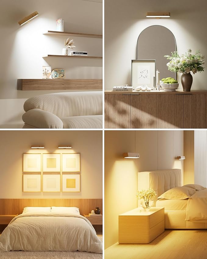 Rechargeable Indoor Wall Sconce Wood, LED Wall Light for Bedroom,Touch and Remote Control,360° Rotate Walnut Wood Wall Light,3 Colors Dimmable Brightness Wall Lamp with 15 RGB Colors,1 Pack