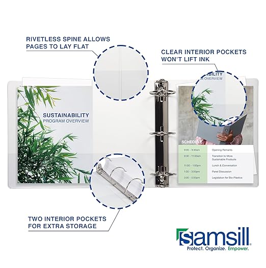 Samsill 1.5 Inch 3 Ring Binder, Made in USA, Economy Round Ring, Clear View Cover, 325 Sheet Capacity - for School, Home, Office - White