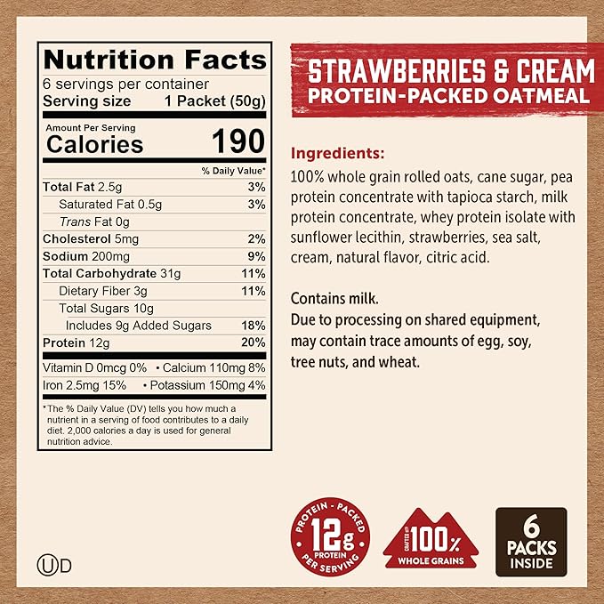 Kodiak Instant Oatmeal Packets, Strawberries & Cream, High Protein, 100% Whole Grains, 6 boxes with 6 packets each (36 packets total)
