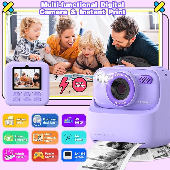 masterbee Kid Camera Instant Print Photo, Birthday Gifts for Girls and Boys, Kids Digital Camera Toys, 1080P HD Video, 3 4 5 6 7 8 9 10 11 12 Year Old Boy Gifts/Girl Gifts
