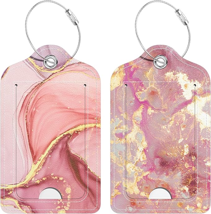 2 Pack PU Leather Luggage Tags for Suitcase, Travel Cruise Luggage Tag with Privacy Flap, Name ID Label and Metal Loop for Women Men Baggage Handbag School Bag Backpack, Pink Marble