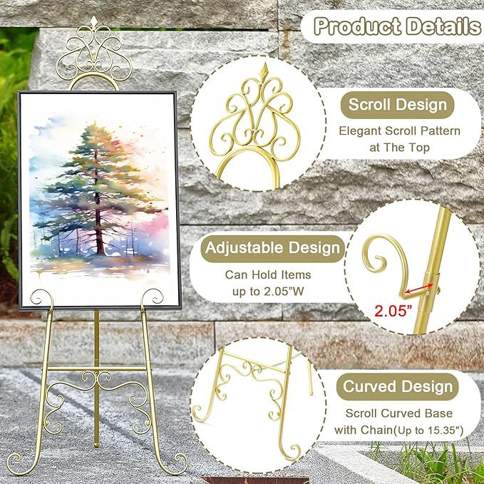 Metal Easel Stand for Sign with Chain Support, Gold Extra Large Scroll Floor Standing Easel for Display Wedding Sign Picture Frame Mirror, 59" H × 22" L × 20" W