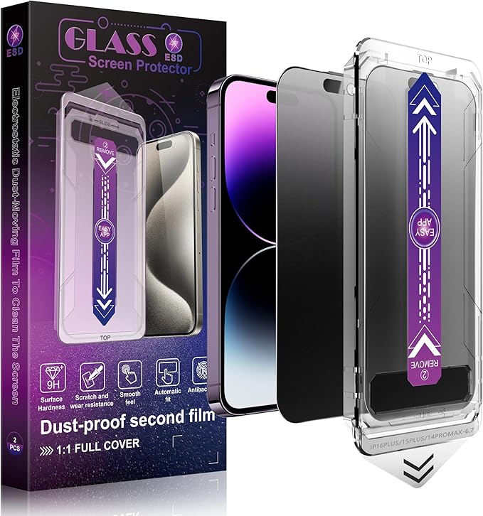 SHANG PIN JIA 2 Pack Matte Privacy Screen Protector for iPhone 16 Plus and iPhone 15 Plus and iPhone 14 Pro Max 6.7-Inch Auto Dust Removal, No Bubbles,Anti-Spy Tempered Glass Film, Easy Installation